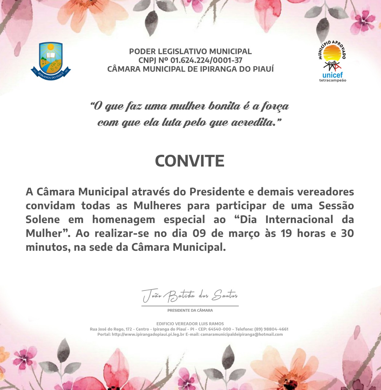 Câmara vai homenagear as mulheres nesta segunda 9